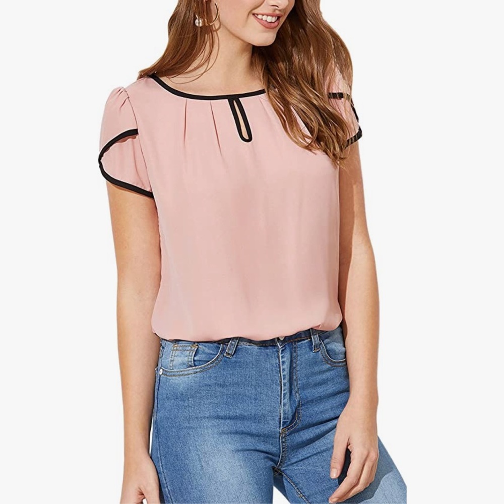 Milumia casual pleated cap sleeve round neck keyhole blouse